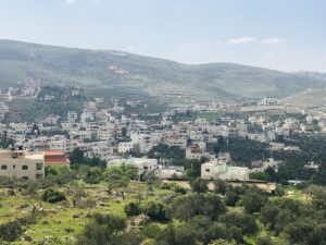 Pale buildings and terraced green hills in Khirbet Abu Falah.