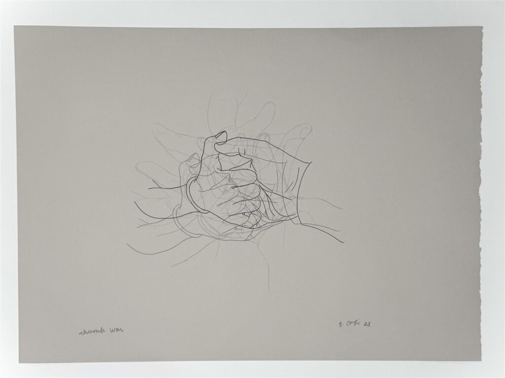Overlapping outlines of hands playing a thumb war, printed in black and gray on pale paper.