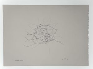 Overlapping outlines of hands playing a thumb war, printed in black and gray on pale paper.