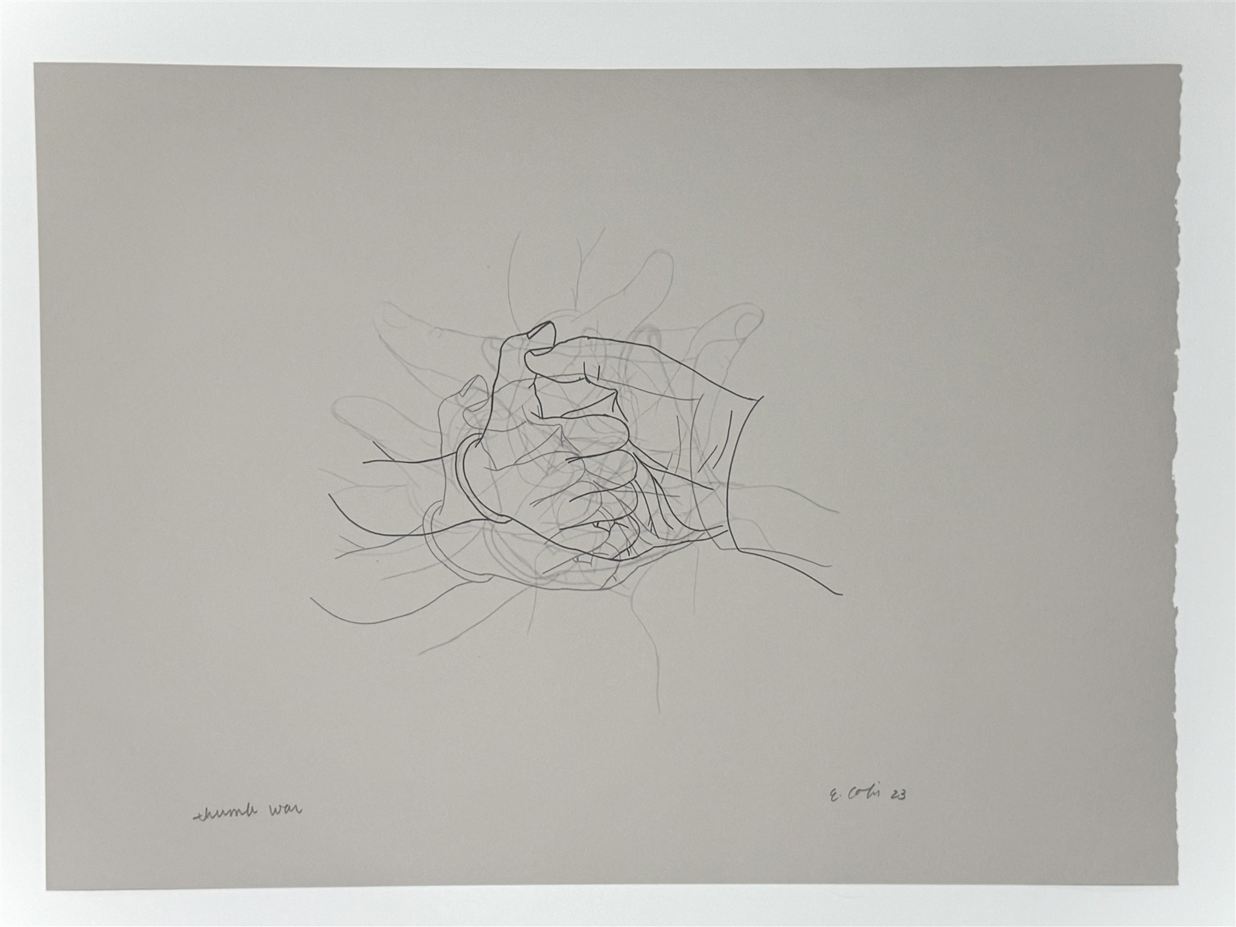 Overlapping outlines of hands playing a thumb war, printed in black and gray on pale paper.