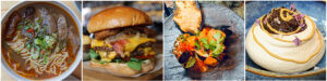 Four food photographs showing a bowl, a sandwich, a plated entree and a dessert.
