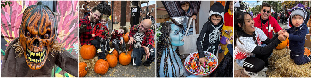 A strip of Andersonville Halloween photographs showing costumes, pumpkins and neighborhood festivities.