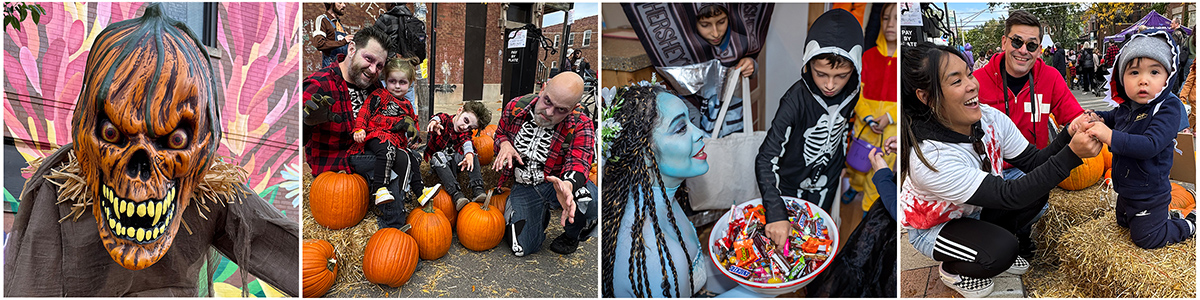 A strip of Andersonville Halloween photographs showing costumes, pumpkins and neighborhood festivities.