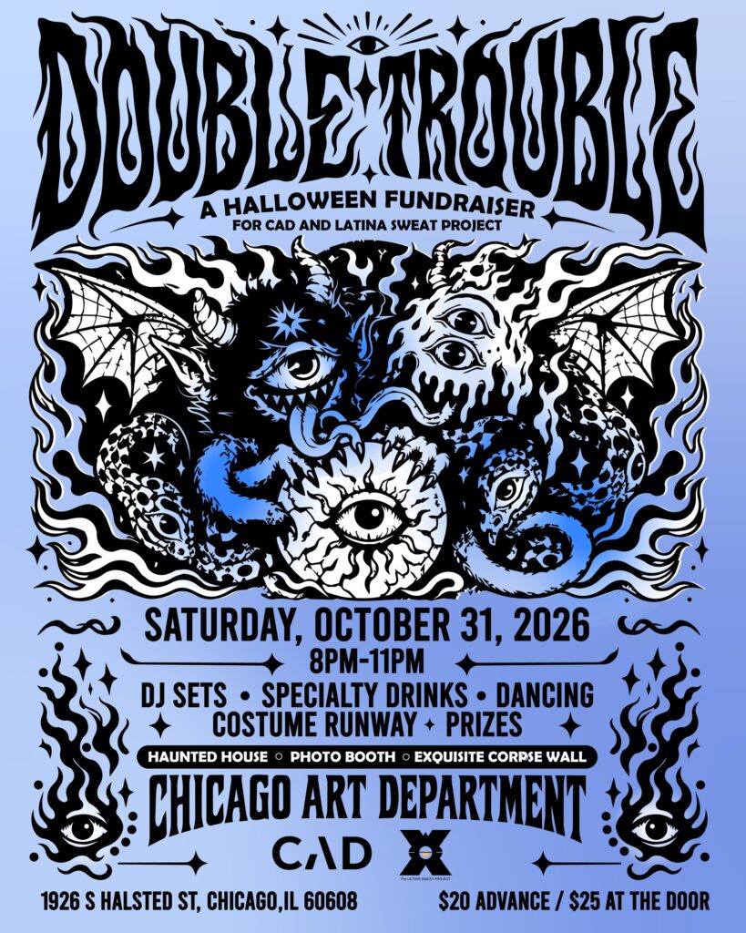 Double Trouble Halloween fundraiser flyer with illustrated creatures and event details for Oct. 31 at Chicago Art Department.