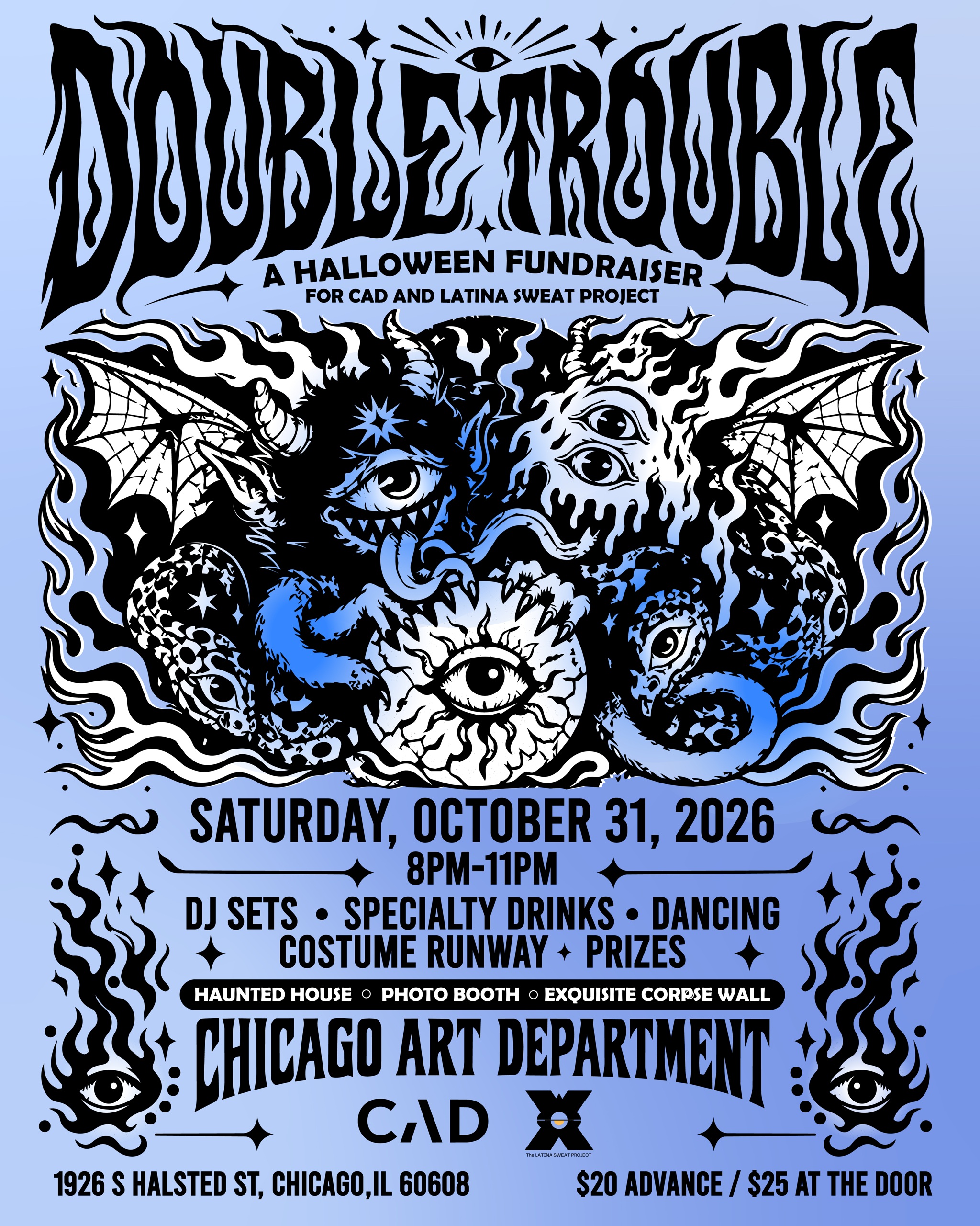 Double Trouble Halloween fundraiser flyer with illustrated creatures and event details for Oct. 31 at Chicago Art Department.