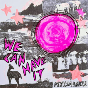 Pink, black and white Pinksqueeze artwork with a large pink circle and the words We Can Have It.