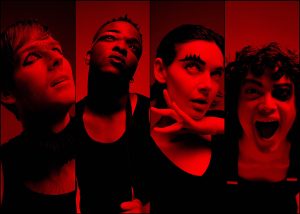 Ben Harmon, Jamille Calixte, Hannah Antman and Reilly Oh in red-lit portraits for Kokandy’s A Clockwork Orange.