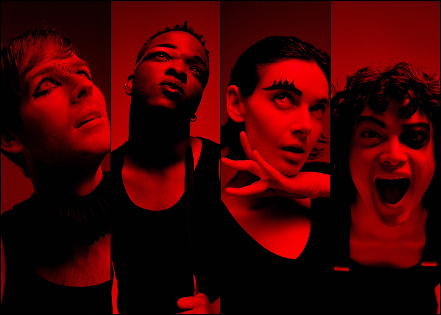 Ben Harmon, Jamille Calixte, Hannah Antman and Reilly Oh in red-lit portraits for Kokandy’s A Clockwork Orange.