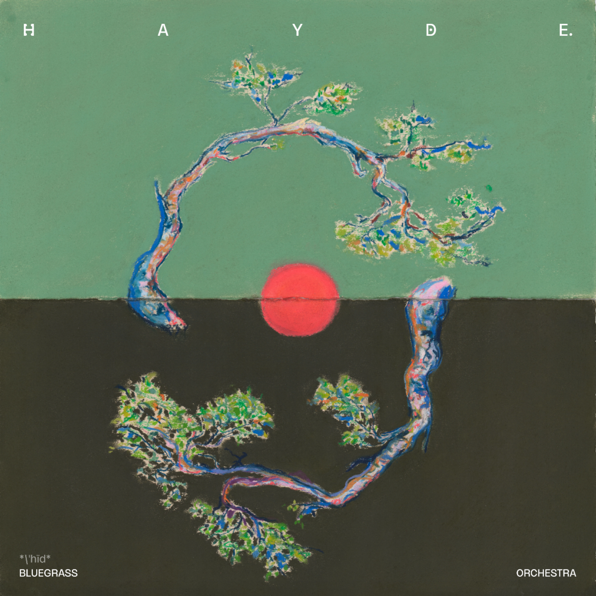 HAYDE. album cover featuring a circular branch and a red sun against a green background.