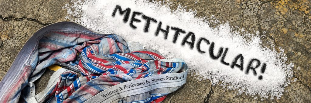 Methtacular! promotional artwork with plaid fabric on pavement and the show’s title.