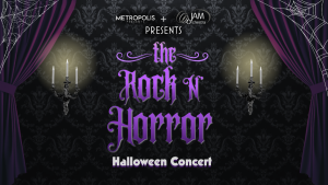 Purple haunted-house artwork for Metropolis and JAM Orchestra’s Rock N’ Horror Halloween Concert.