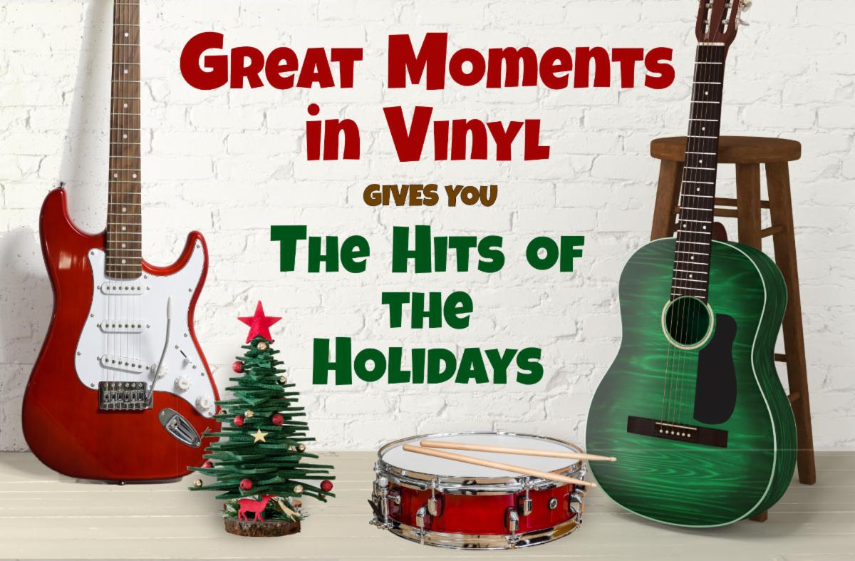 Guitars, a drum and a small Christmas tree in artwork for Great Moments in Vinyl’s Hits of the Holidays.